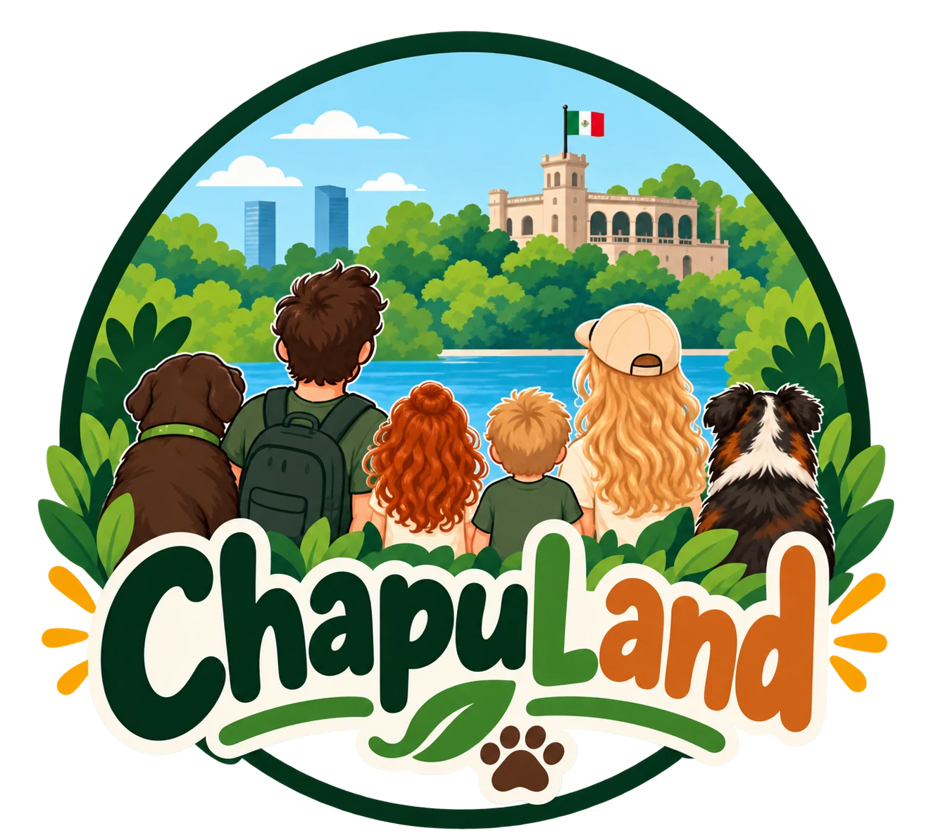 ChapuLand emblem with a family and two dogs facing the forest